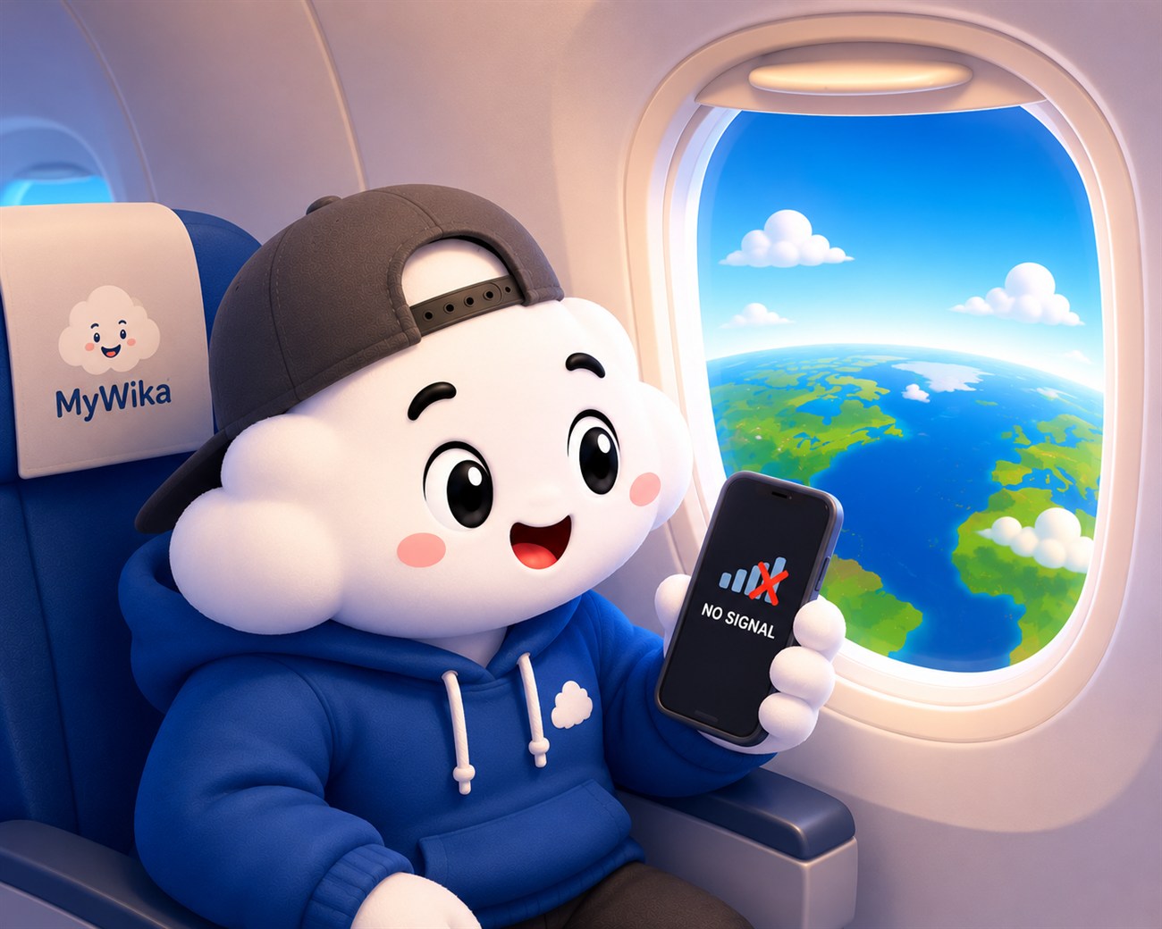 The MyWika cloud studying on a plane, phone showing No Signal, earth out the window