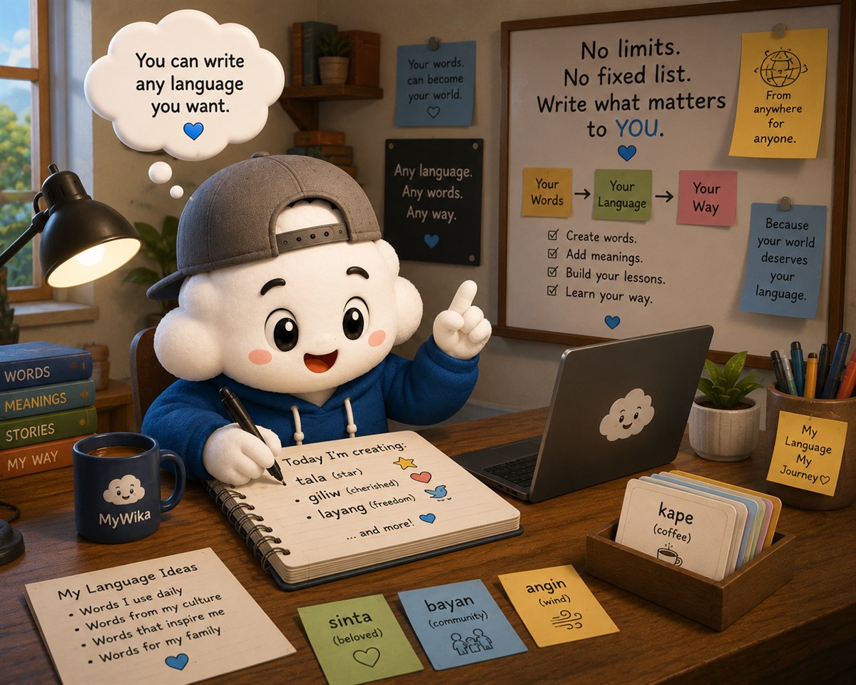 The MyWika cloud writing its own vocabulary cards at a desk